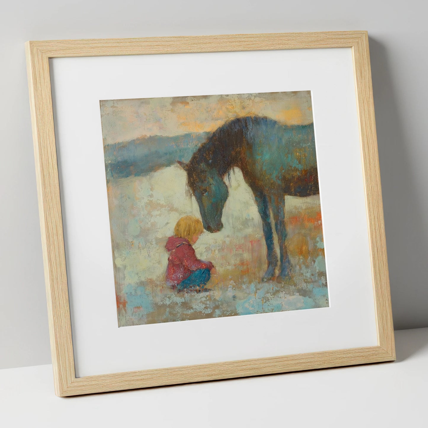 A Quiet Understanding horse & rider art print in natural frame