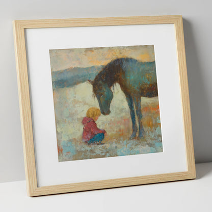 A Quiet Understanding horse & rider art print in natural frame