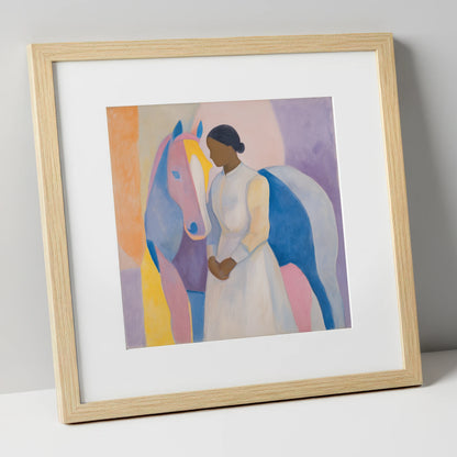 Abstract Equine Harmony horse & rider art print in natural frame