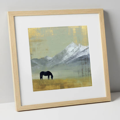 Gilded Mountain Solitude horse landscape art print in natural frame