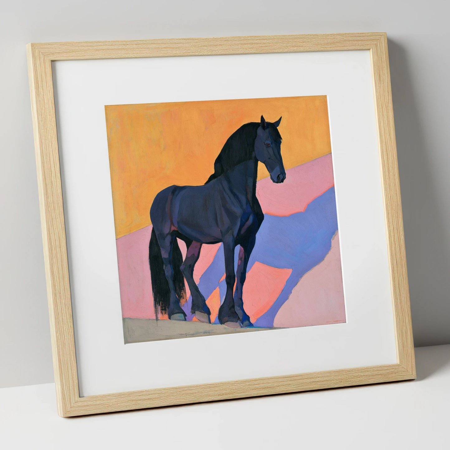 Black Friesian On Vibrant Orange horse breed art print in natural frame