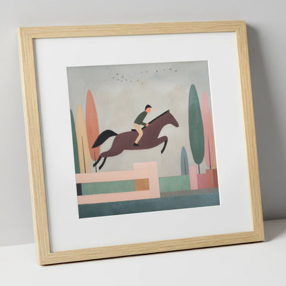 Nostalgic Clear Round show jumping horse art print in natural frame