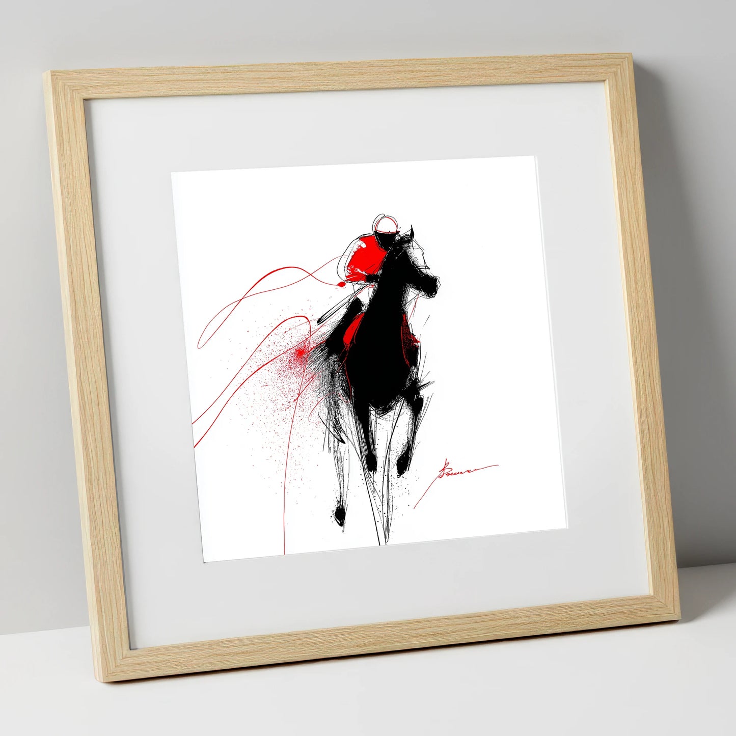 Crimson Gallop racing horse art print in natural frame