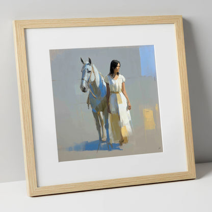 Beside the Grey horse & rider art print in natural frame