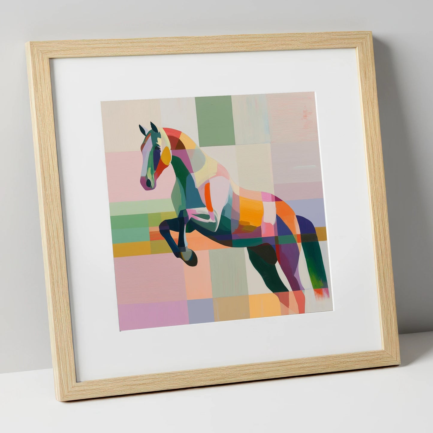 Modern Equine Leap show jumping horse art print in natural frame