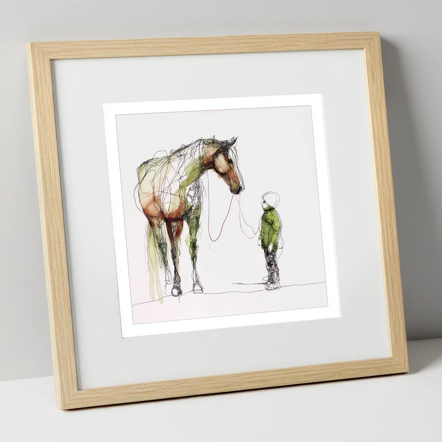 Quiet Connection horse & rider art print in natural frame