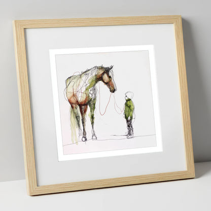 Quiet Connection horse & rider art print in natural frame