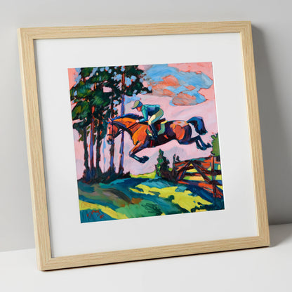 Vibrant Cross Country Leap show jumping horse art print in natural frame