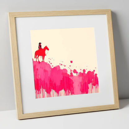 Magenta Maverick western horse art print in natural frame