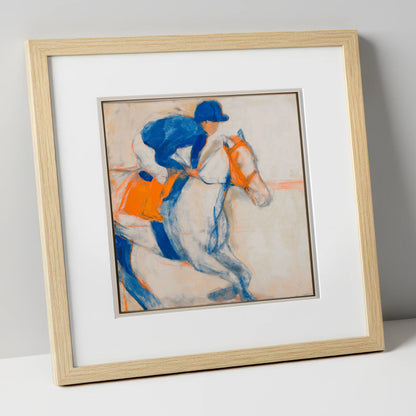 Bold Ultramarine Gallop racing horse art print in natural frame