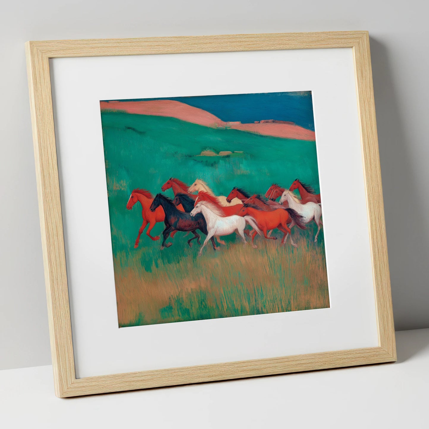 Crimson and Emerald Herd wild horses art print in natural frame