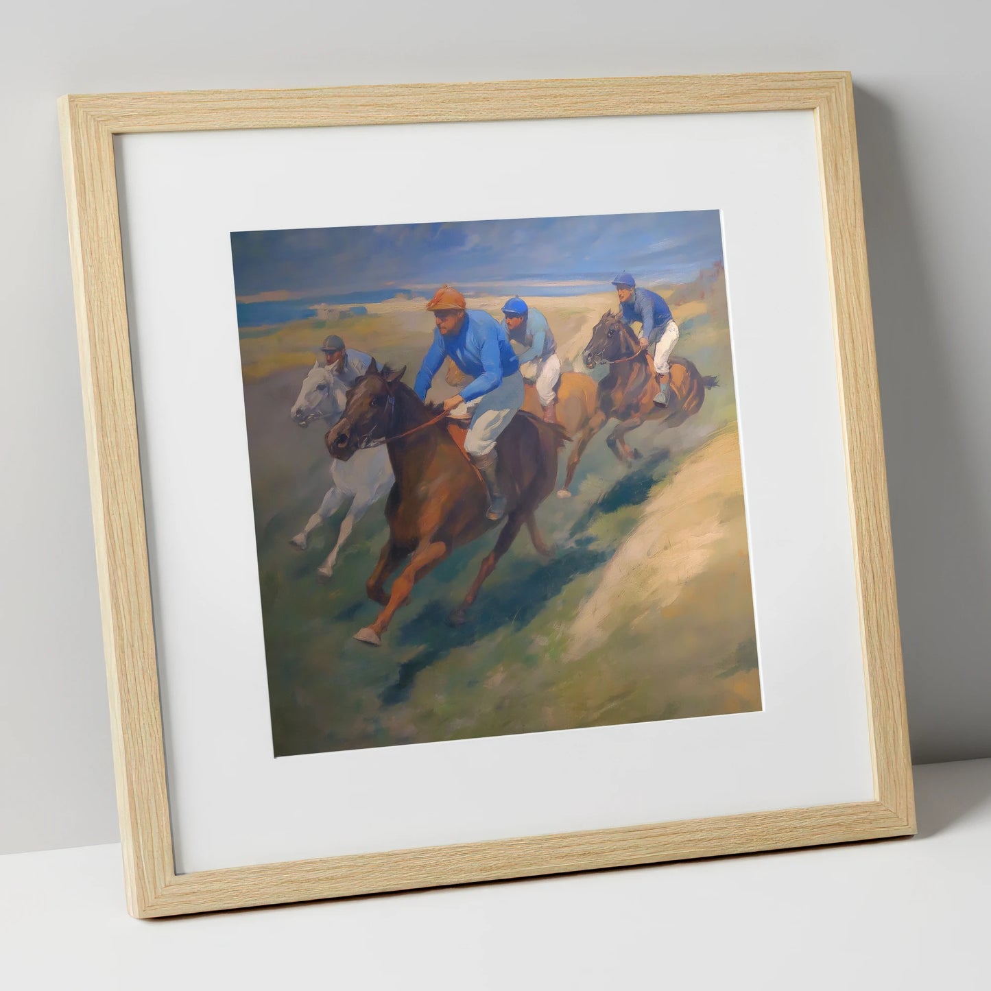 The Classic Chase racing horse art print in natural frame