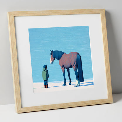 A Quiet Understanding horse & rider art print in natural frame