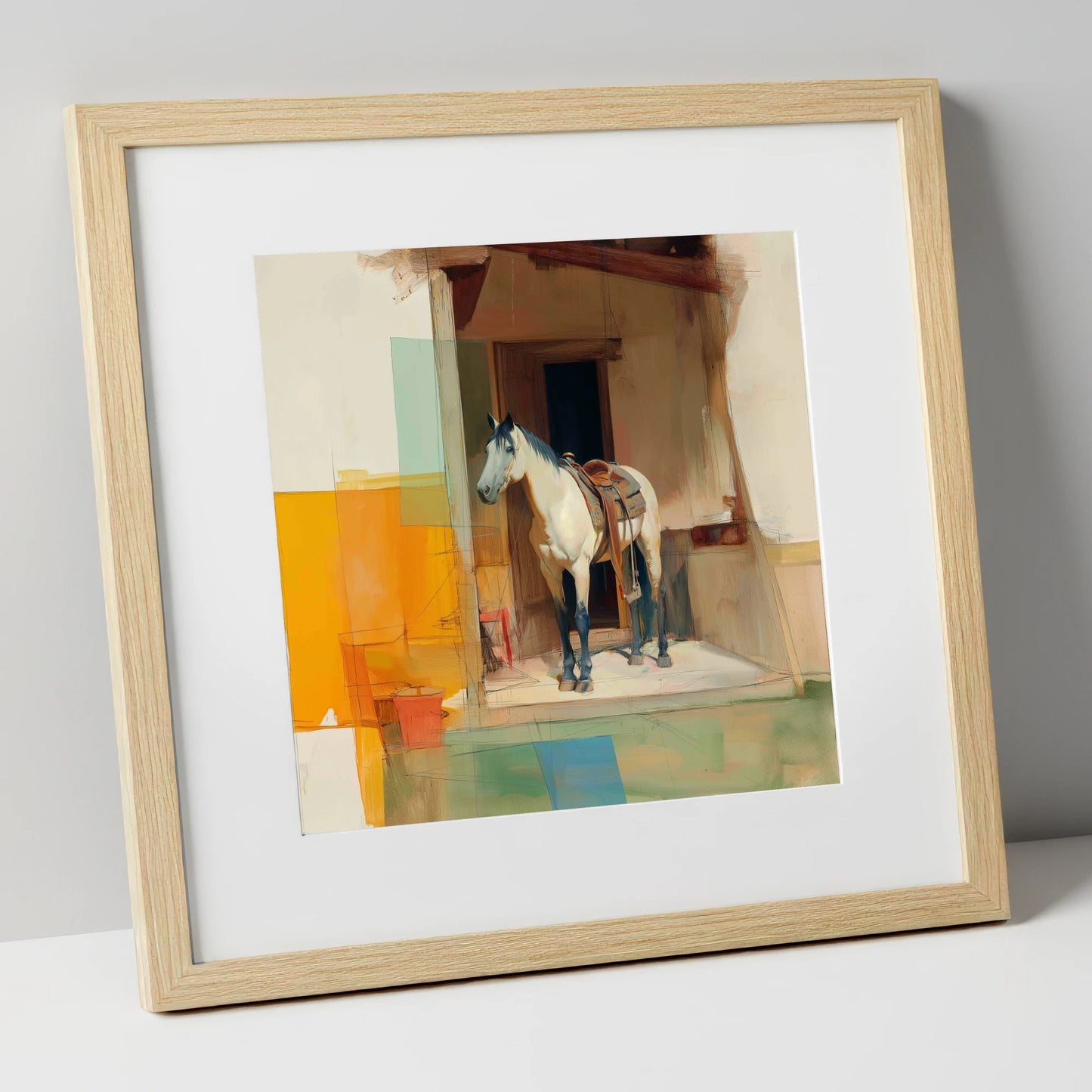 The Waiting Grey horse stable art print in natural frame