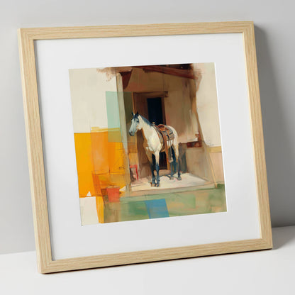 The Waiting Grey horse stable art print in natural frame