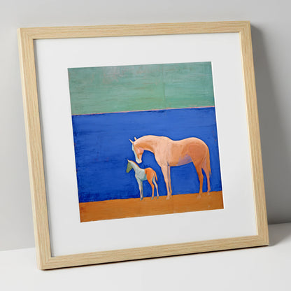 Cobalt Bond mare & foal art print in natural frame