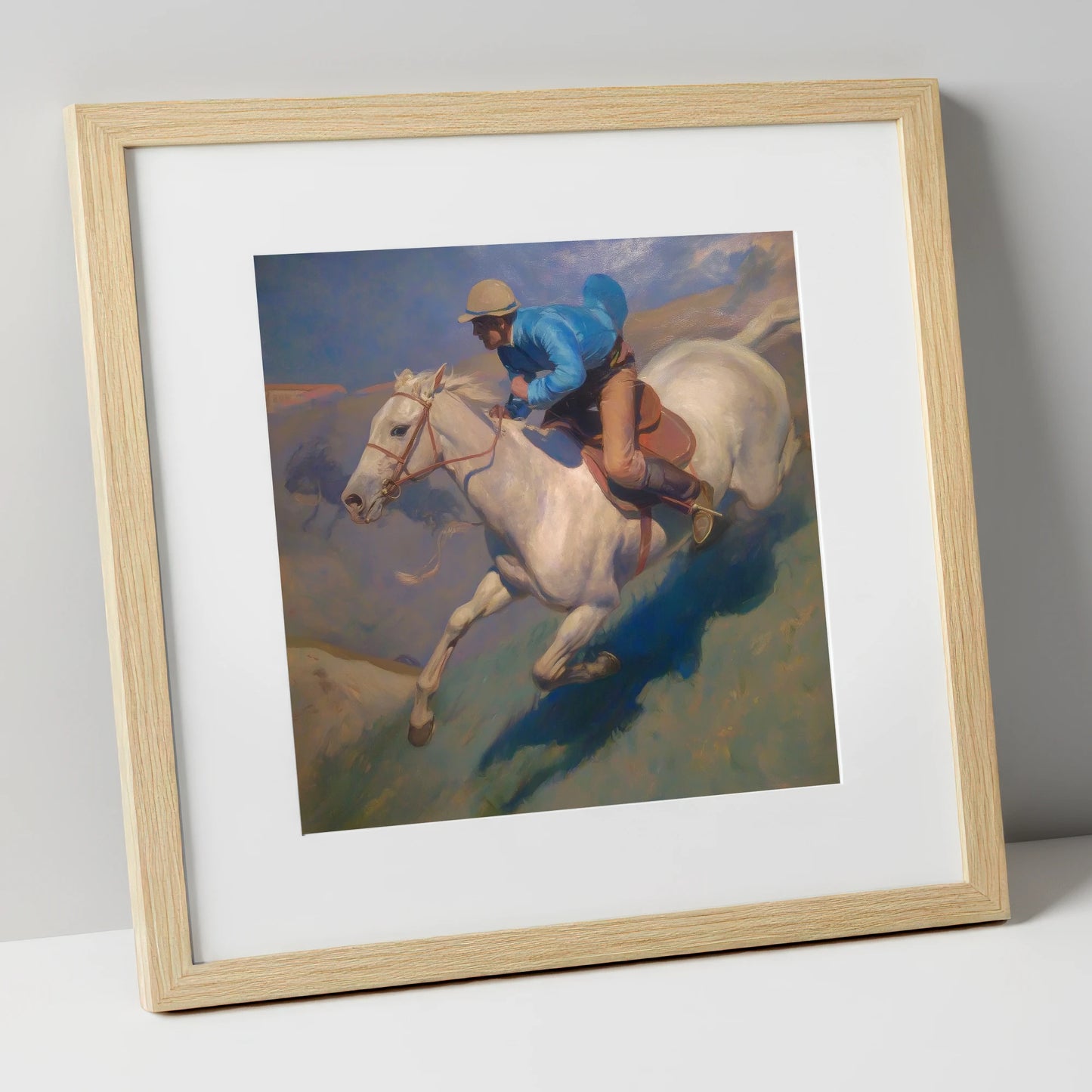 Cerulean Gallop racing horse art print in natural frame