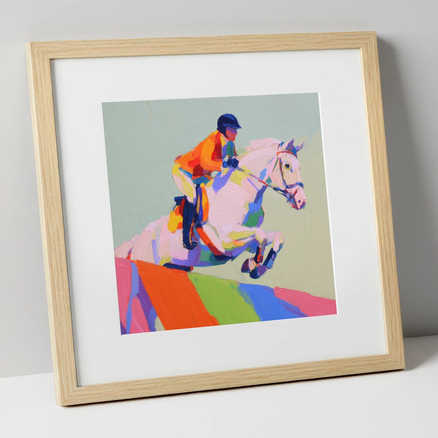 Vibrant Ascent show jumping horse art print in natural frame