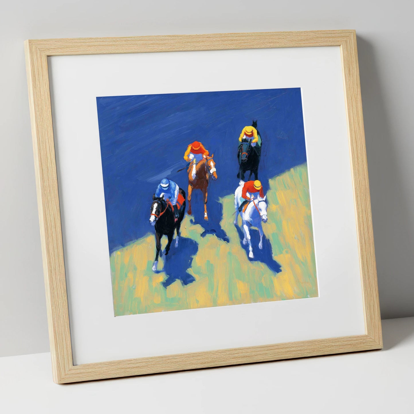 Turf Shadows racing horse art print in natural frame