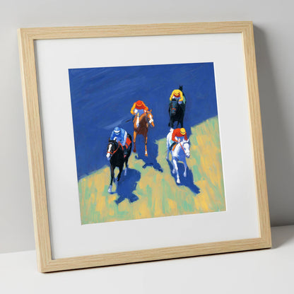 Turf Shadows racing horse art print in natural frame