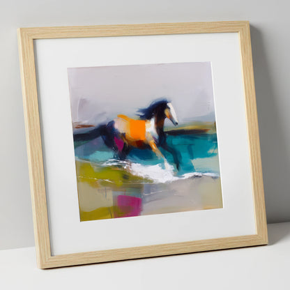 Vibrant Coastal Canter beach horse art print in natural frame