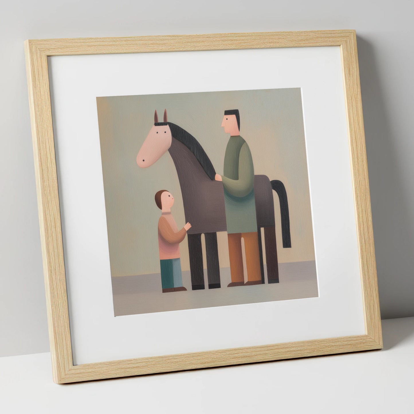Shared Connection horse & rider art print in natural frame