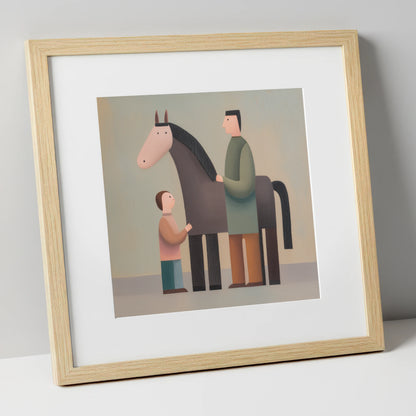 Shared Connection horse & rider art print in natural frame