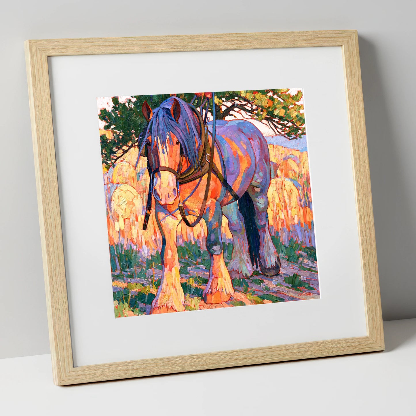 Colourful Heavy Horse In Harness horse breed art print in natural frame