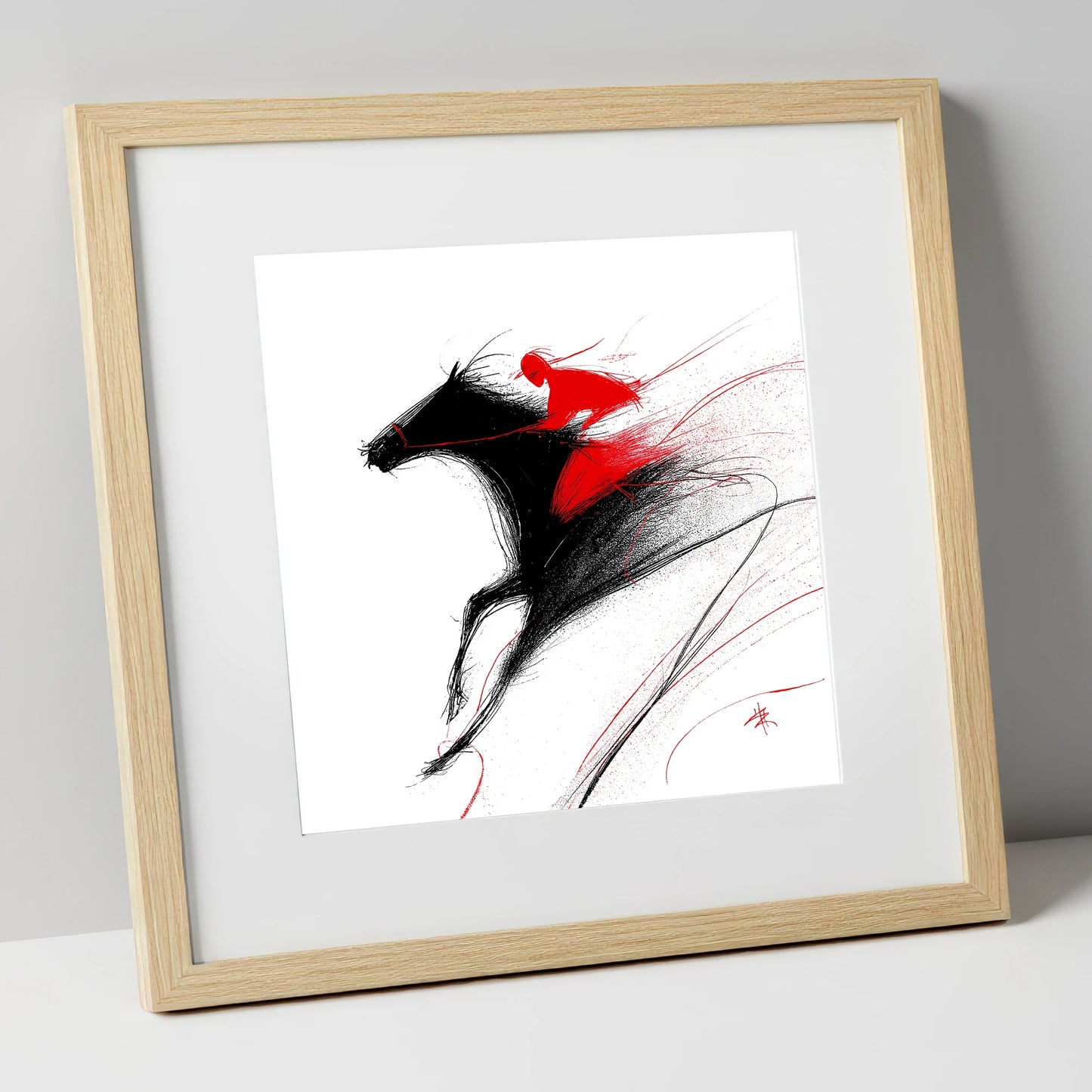 Adrenaline in Red racing horse art print in natural frame