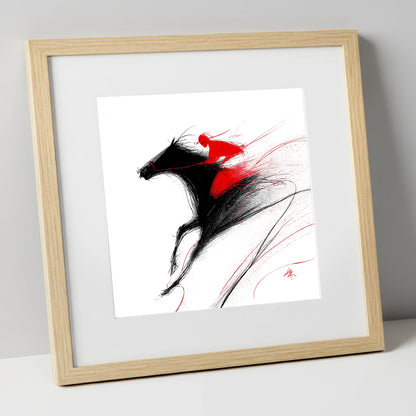 Adrenaline in Red racing horse art print in natural frame
