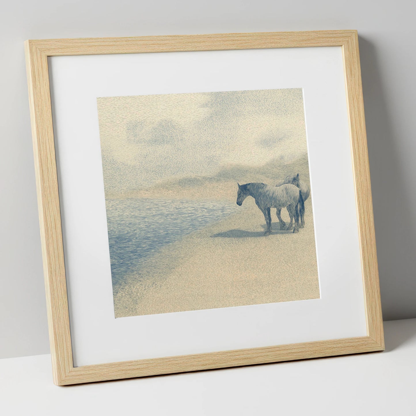 Coastal Companions horse landscape art print in natural frame