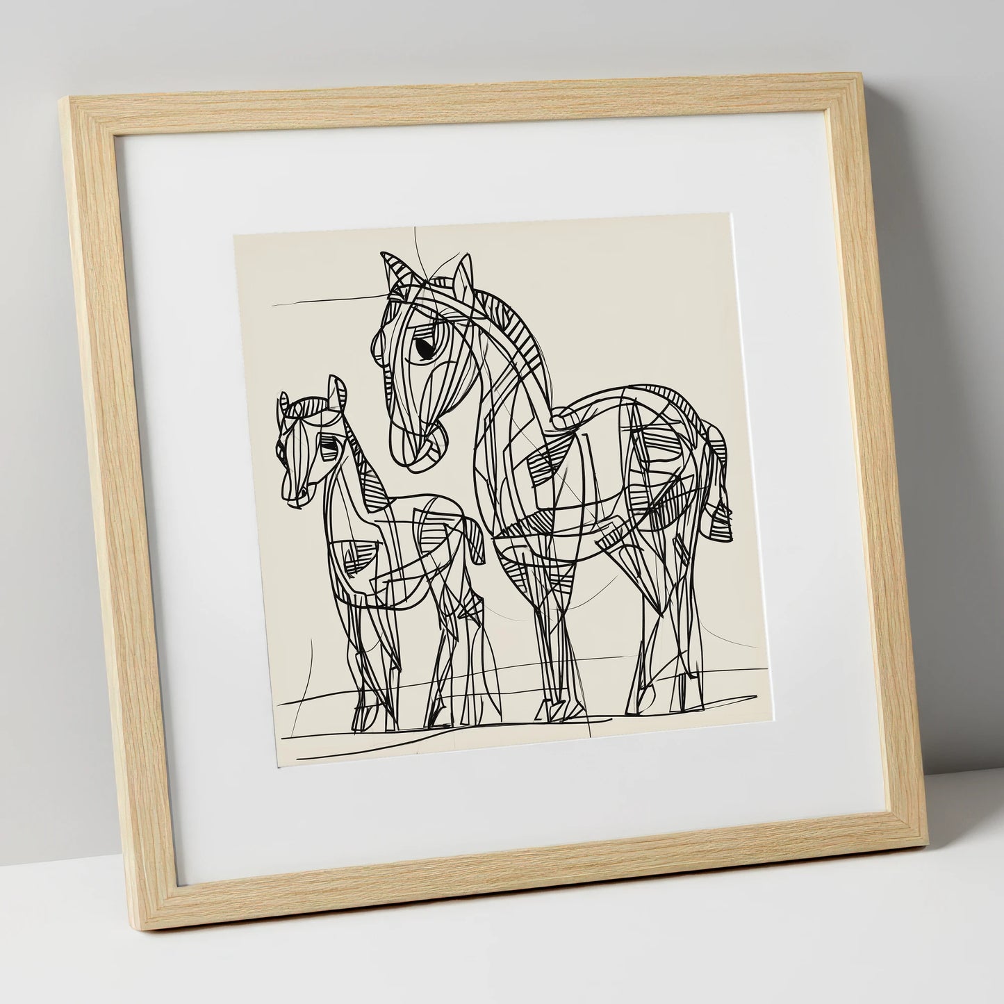 Linear Equine Bond mare & foal art print in natural frame