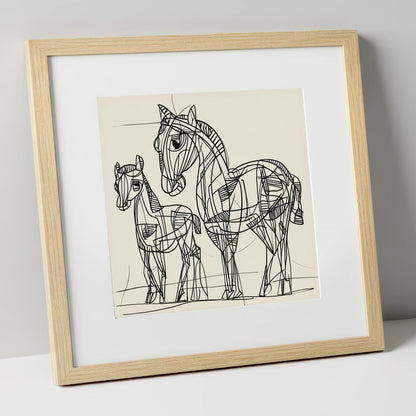 Linear Equine Bond mare & foal art print in natural frame