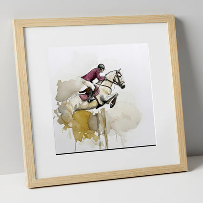 Suspended Elegance show jumping horse art print in natural frame
