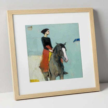 Poised in Profile horse & rider art print in natural frame