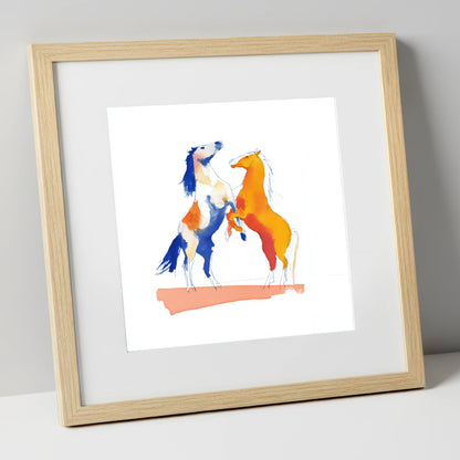 Clash of Colours wild horses art print in natural frame