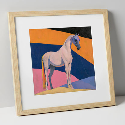 Grey Arabian Against Geometric Colours horse breed art print in natural frame