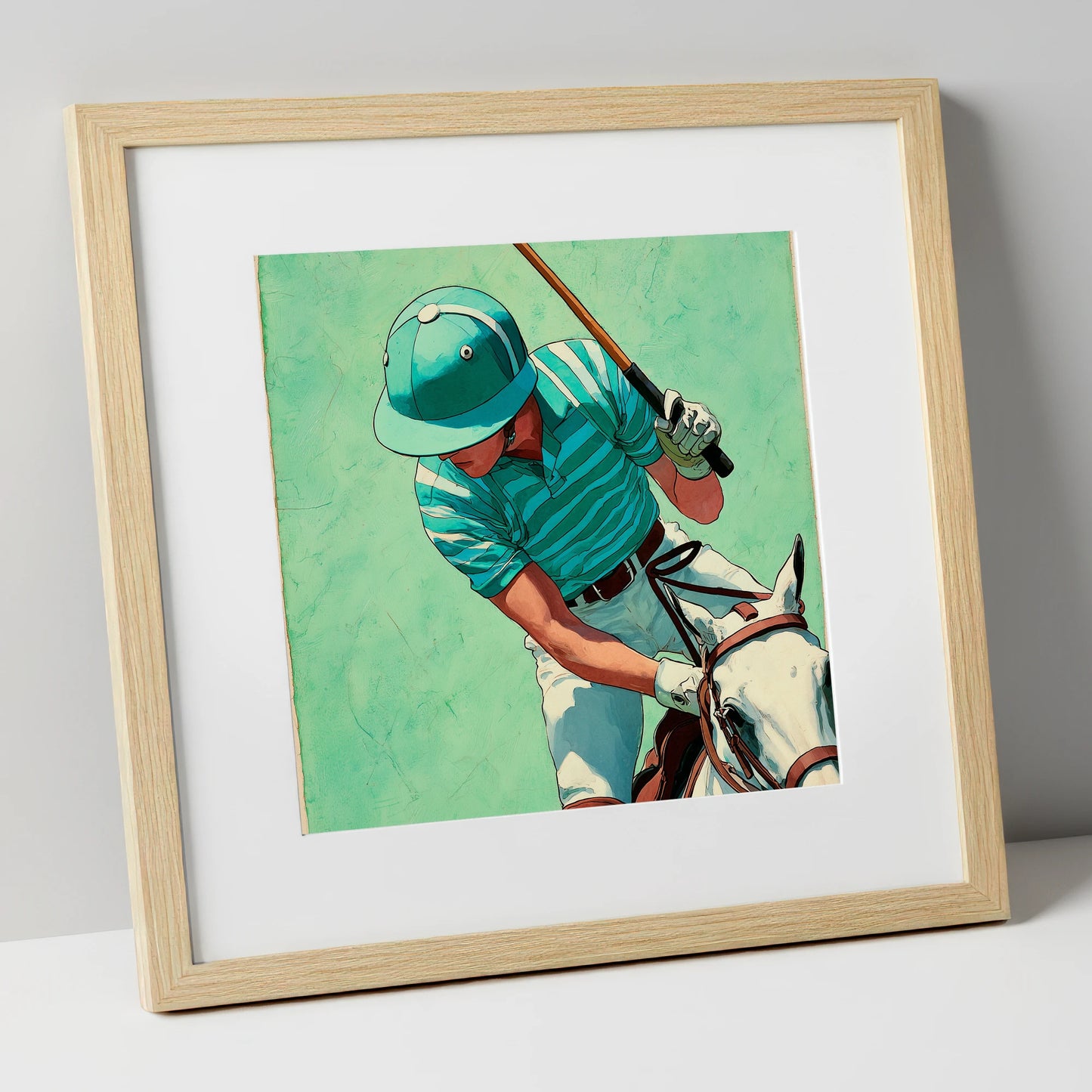 The Striker's Focus polo horse art print in natural frame