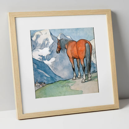 The Mountain Sentinel horse landscape art print in natural frame