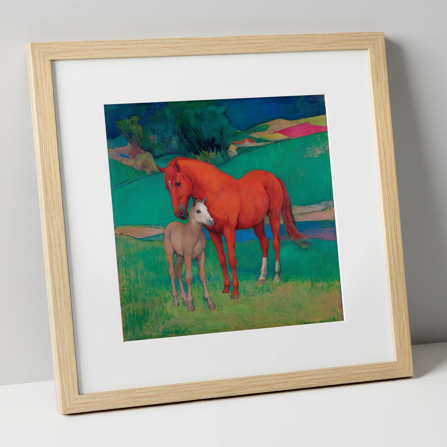 Vibrant Maternal Bond mare & foal art print in natural frame