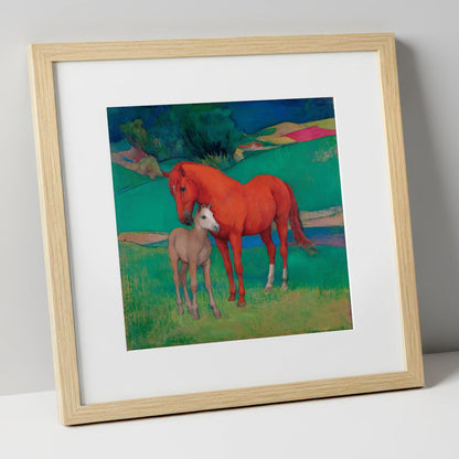 Vibrant Maternal Bond mare & foal art print in natural frame