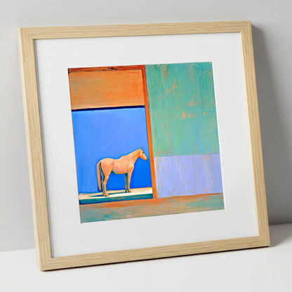 Cobalt Stable Light horse stable art print in natural frame