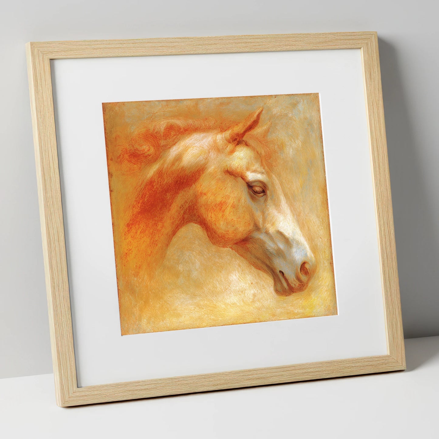 Ethereal Golden Profile racing horse art print in natural frame