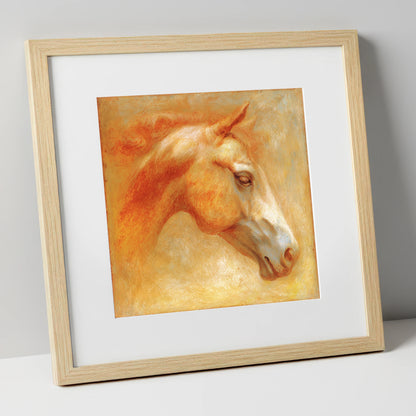 Ethereal Golden Profile racing horse art print in natural frame