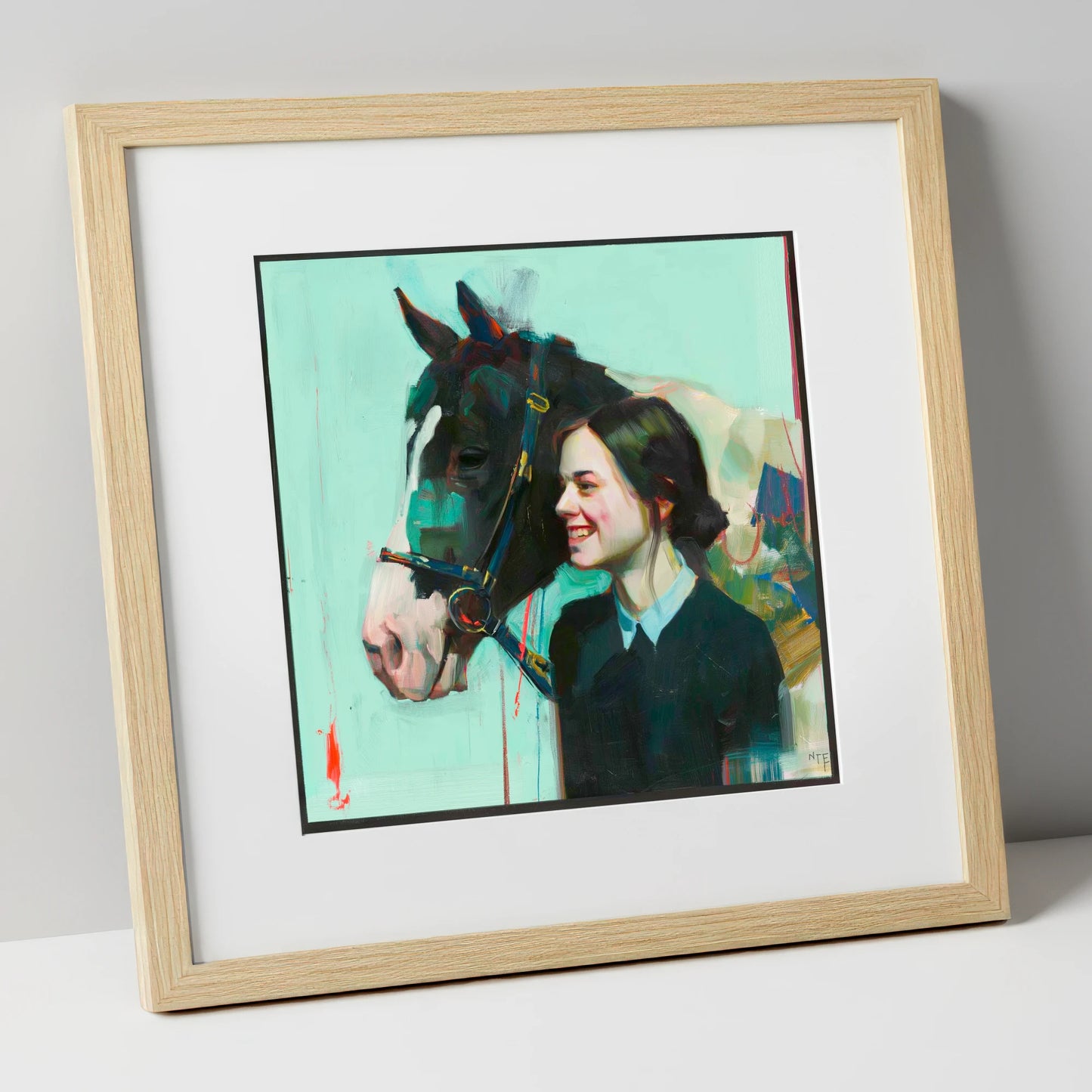 A Shared Understanding horse & rider art print in natural frame
