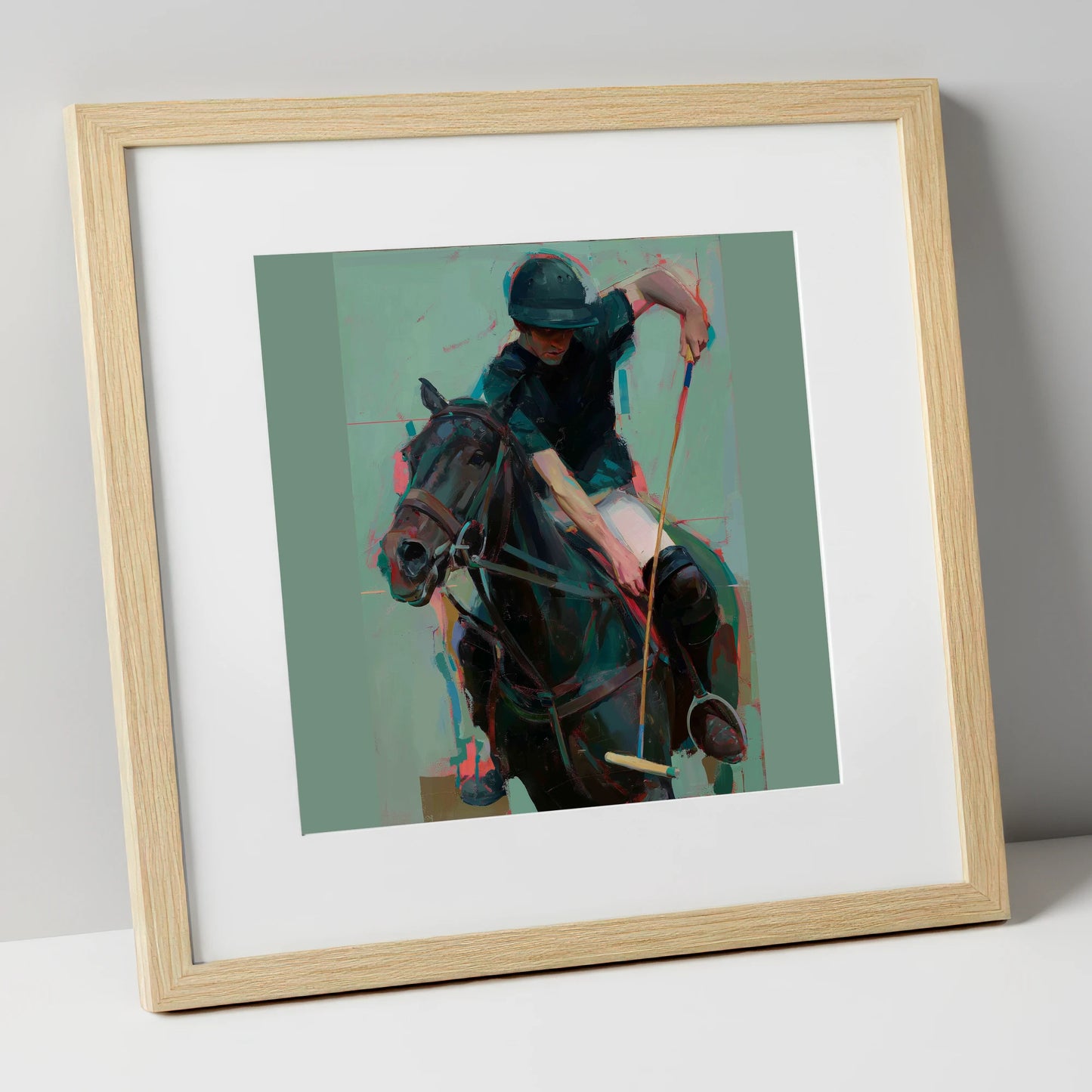 The Decisive Swing polo horse art print in natural frame