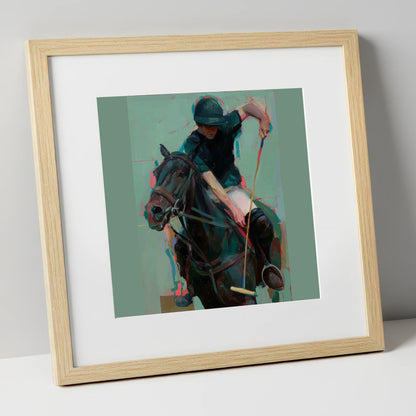 The Decisive Swing polo horse art print in natural frame