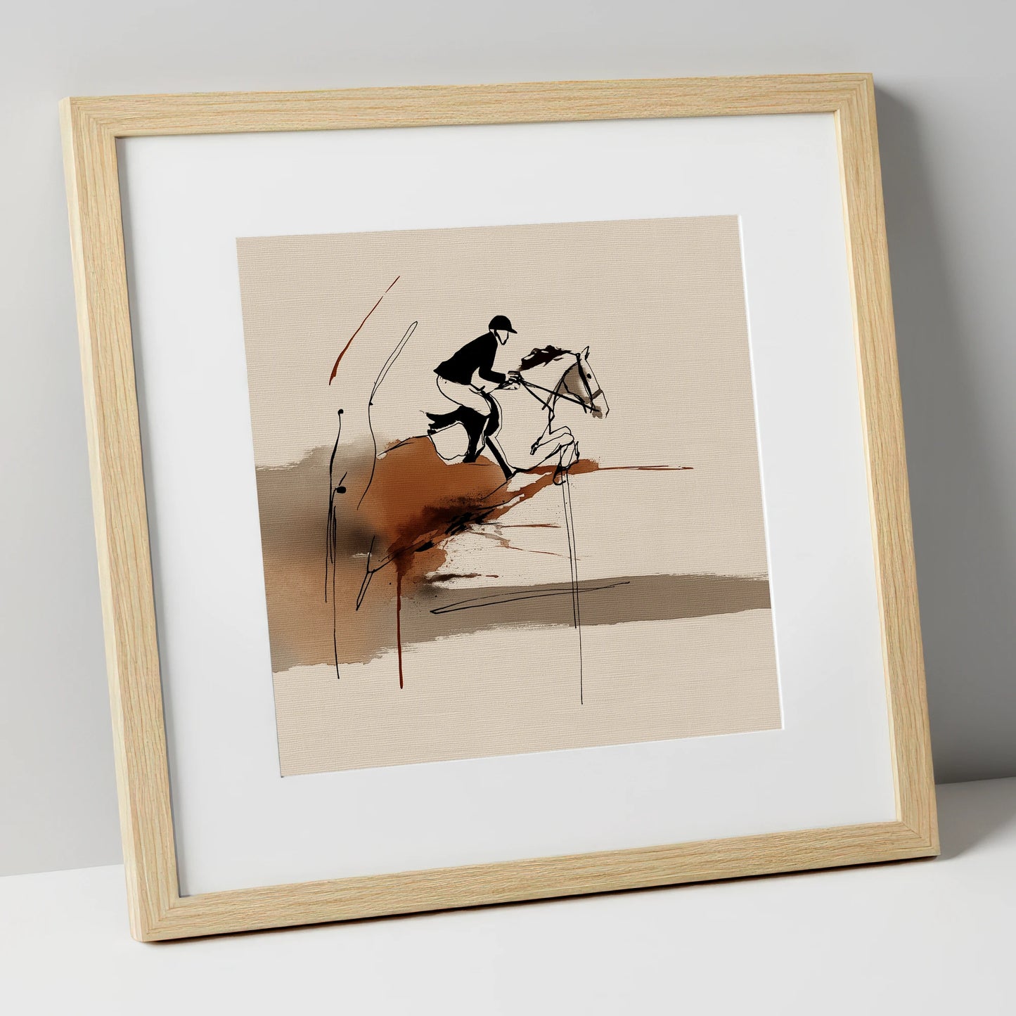 Dynamic Suspension show jumping horse art print in natural frame