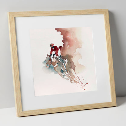 Crimson Surge racing horse art print in natural frame