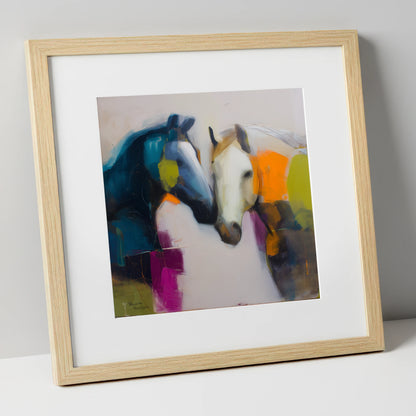 Vibrant Equine Bond horse portrait art print in natural frame